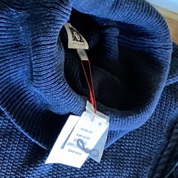 Bohemian Knit Turtleneck Navy Blue Knit Sweater Fringe Detail New With Tag Large - Picture 9 of 11